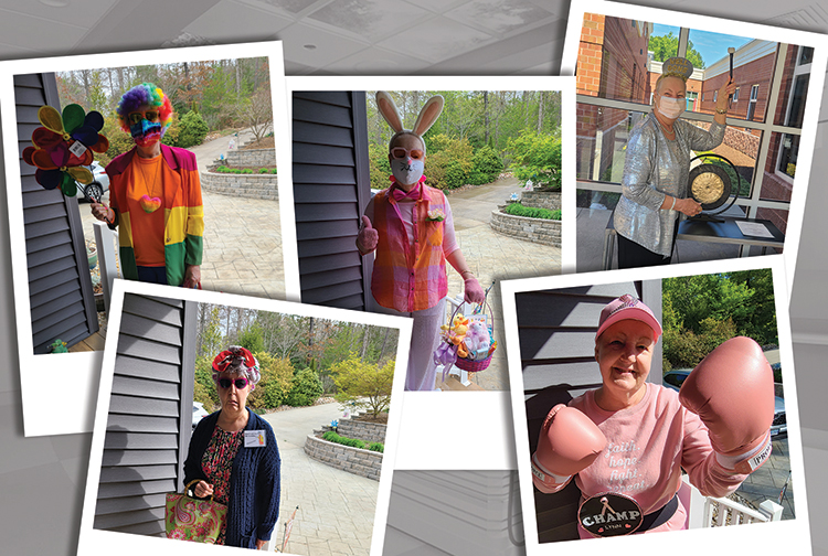Five polaroids of the same woman dressed as a clown, bunny, pink boxer, silver formal, and the cartoon, Maxine.