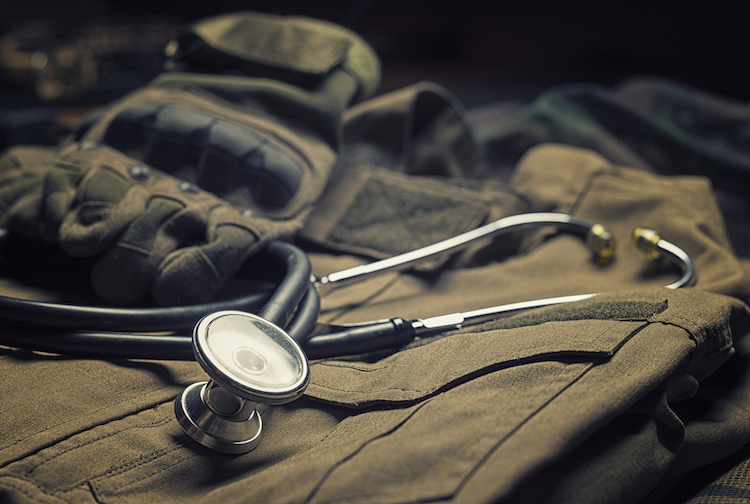 Stethoscope lies on the uniform of a US soldier