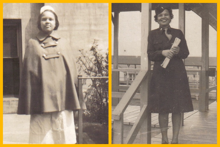 Louise Lomax Winters, an alumna of the St. Philip's School of Nursing, stands for a student picture on the left. She is wearing her military uniform in an image on the right and is smiling.
