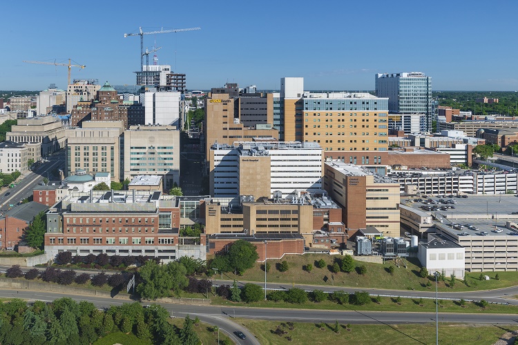 Daytime aerial shot of VCU Health downtown campus