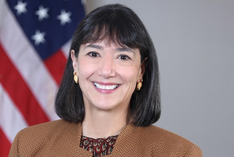 Woman smiling for professional headshot with American flag behind her.
