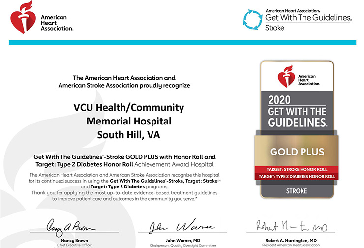 VCU Health Community Memorial Hospital receives Get With The Guidelines-Stroke Gold Plus Quality Achievement Award