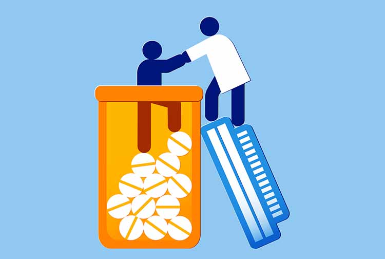 Illustration of someone climbing out of a pill bottle, with help