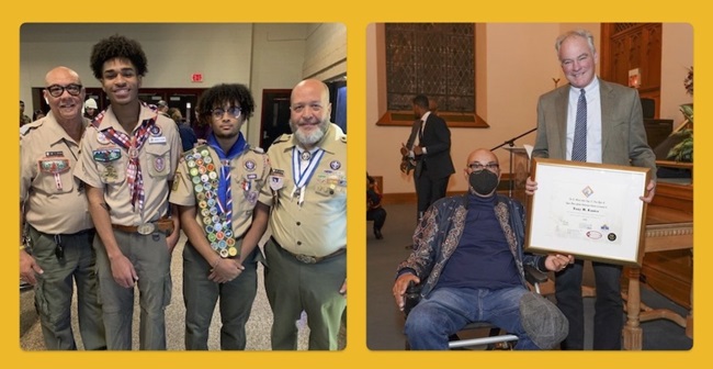 Two images of Tony Easter participating in Boy Scouts related events. On the left, he is seen with two scouts and Assistant Scoutmaster, Tony Fletcher, in uniform. To the right, Tony is with Virginia Senator Tim Kaine who is presenting him with an award for his service to the Boy Scouts.