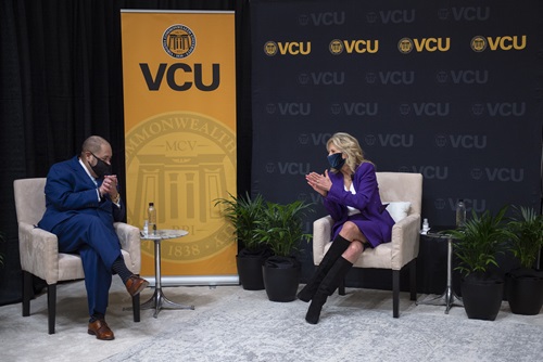 Rev. F. Todd Gray, pastor of Fifth Street Baptist Church, and First lady Jill Biden, Ed.D., discussed faith-based health equity initiatives. (Kevin Morley, University Marketing)