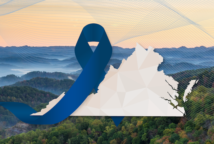 Blue Ridge Mountains in the background of a graphic that has the outline of the commonwealth of Virginia and a blue cancer awareness ribbon.