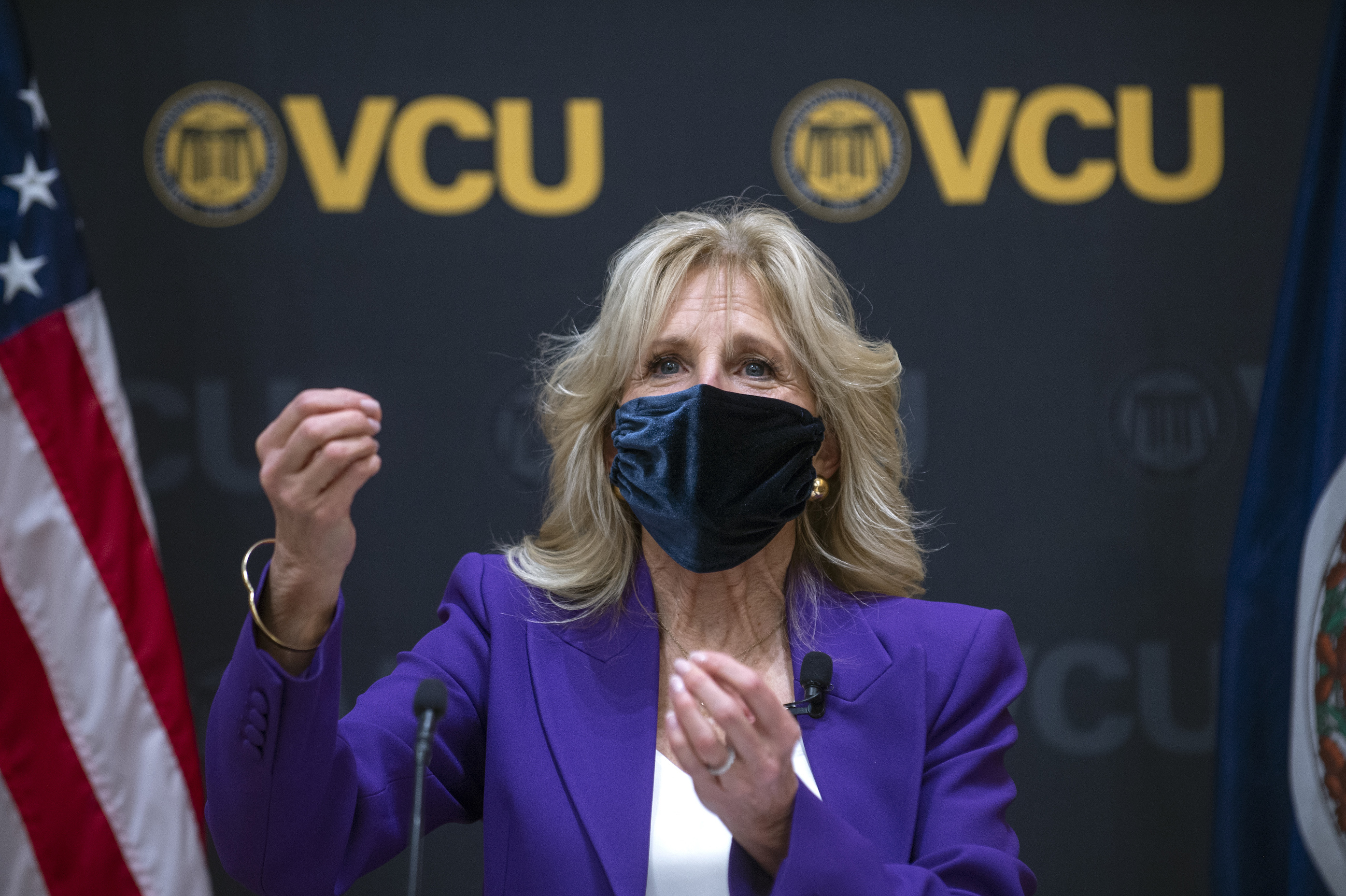 First lady of the United States Jill Bidens gestures while speaking at VCU on Feb. 24, 2021.
