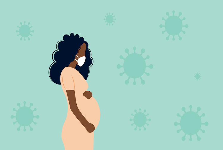 Stock illustration of a pregnant Black woman wearing face mask in front of a coronavirus background.
