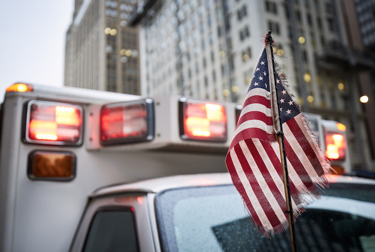Ambulance with American flag