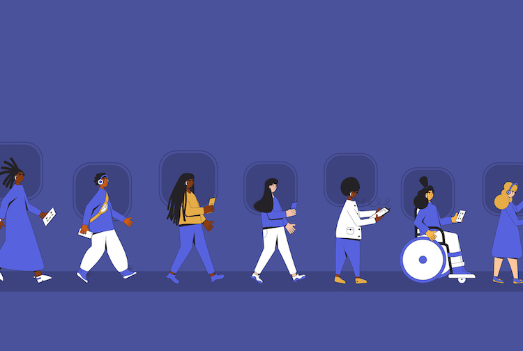 Illustration of teenagers walking with phone and headphones. 