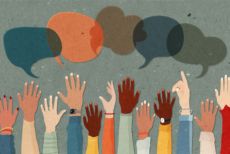 Arms and raised hands of diverse crowd of people. Speech bubbles are above them in the illustration.