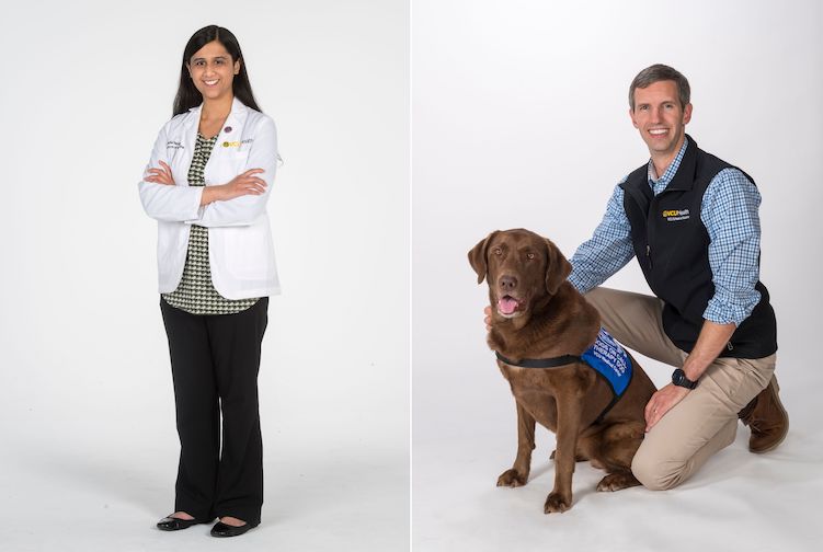 An aspiring pediatrician stands on the left side smiling. On the right side, a man stands with a brown dog, both appearing very happy. 