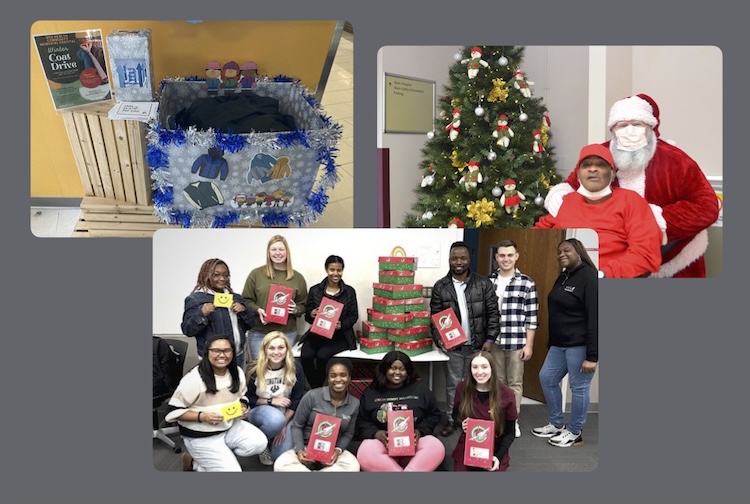 Three photos included in the graphic, including one of a group of students who packed shoe boxes with gifts for children abroad, one with a patient in a wheel chair and santa, and a coat drive box