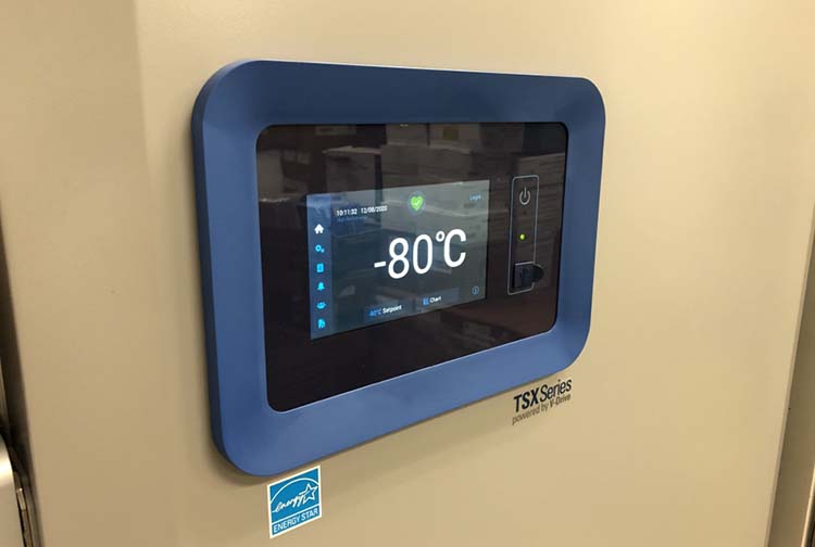 Ultra-cold freezer, exterior screen showing temperature of -80 degrees C.