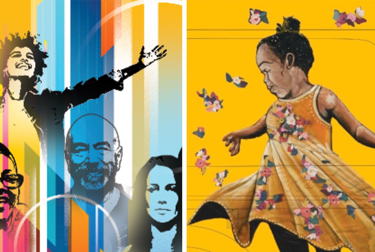 The image has two paintings next to each other. The left side has several different people’s portraits with a colorful background. The right side has a little girl spinning around in a dress with butterflies around her.