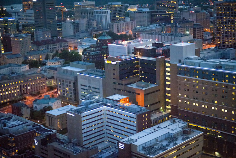 VCU Health downtown campus at night