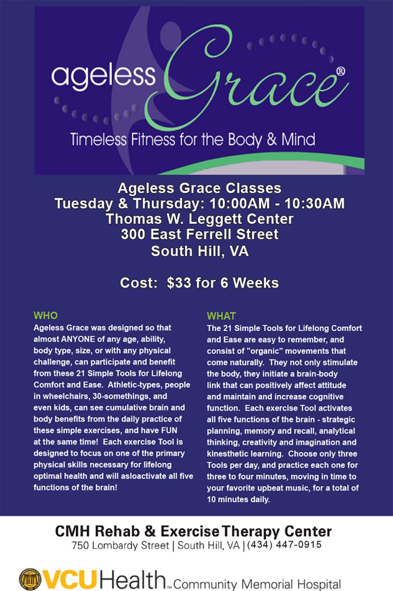 Ageless Grace classes, call 434-447-0915 to learn more