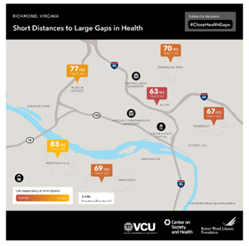 Map of Richmond, VA showing life expectancy by selected census tracts.