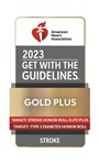 American Heart Association's 2023 Get with the Guidelines Gold Plus award badge for Stroke
