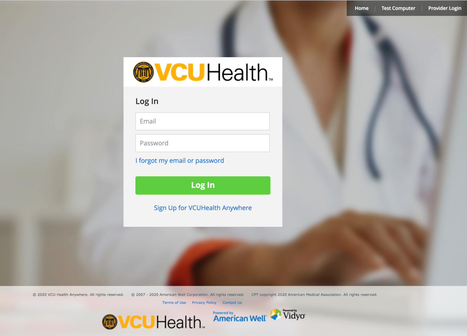 Log In Screen for VCU Health Anywhere app desktop version