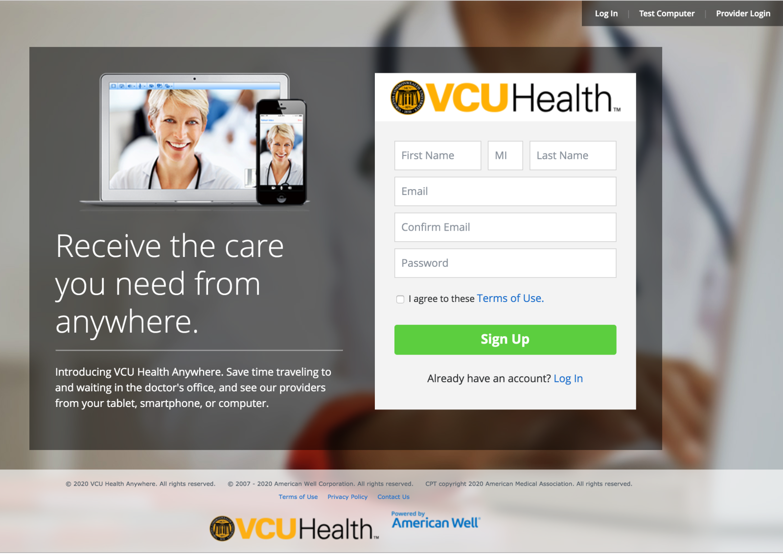 Sign Up screen for VCU Health Anywhere app desktop version