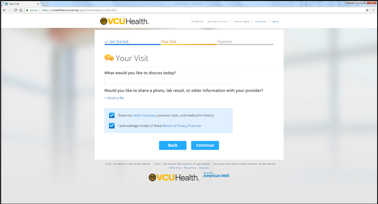 Your Visit screen from VCU Health Anywhere app desktop version