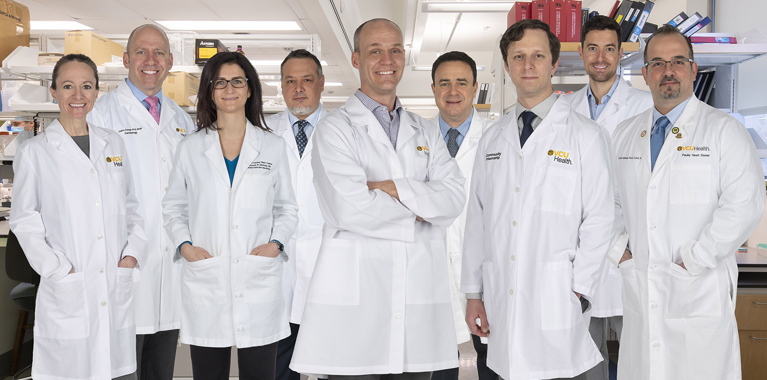 From left: Jordana Kron, M.D.; Justin Canada, Ph.D.; Roshanak Markley, M.D.; Stefano Toldo, Ph.D.; Benjamin Van Tassell, Pharm.D.; Antonio Abbate, M.D., Ph.D.; Cory Trankle, M.D.; Salvatore Carbone, Ph.D.; Fadi Salloum, Ph.D.