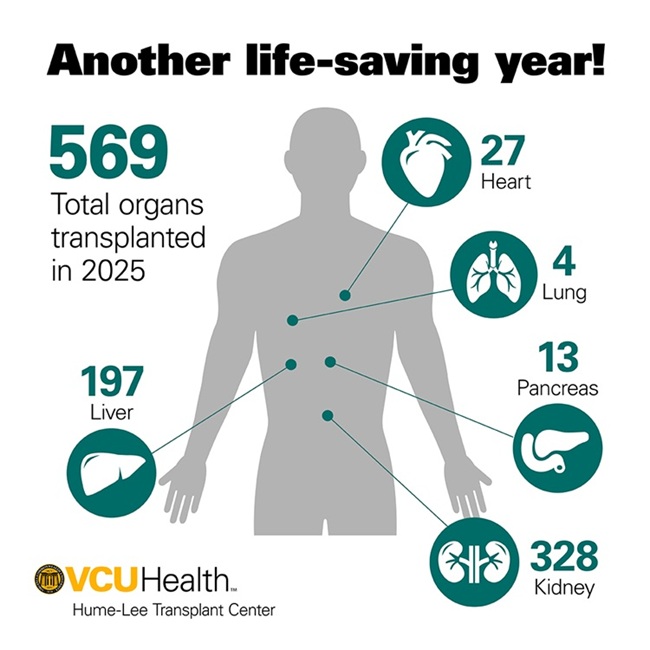 Graphic showing how many organs were transplanted at Hume-Lee Transplant Center in 2025.