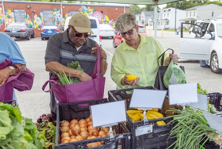Melissa is under a tent looking through crates of vegetables at a farm stand while chatting with another customer