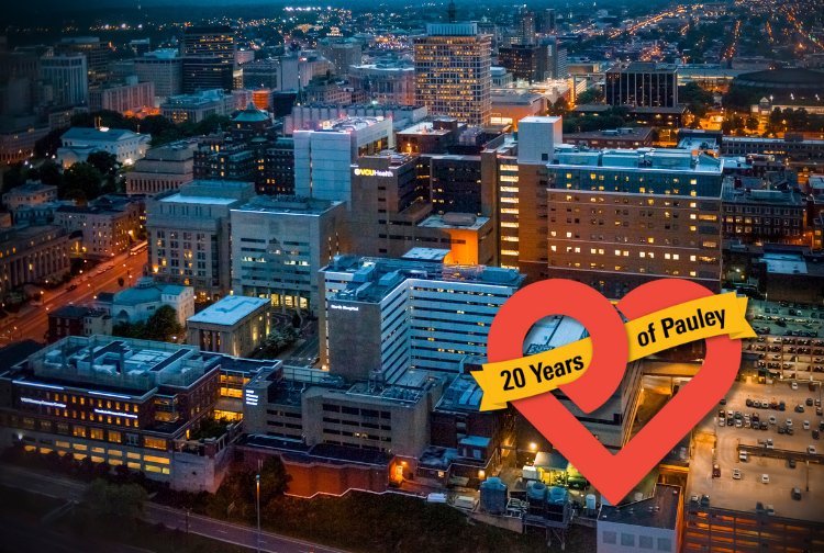 Aerial of VCU Medical Center campus with the Pauley Heart Center logo