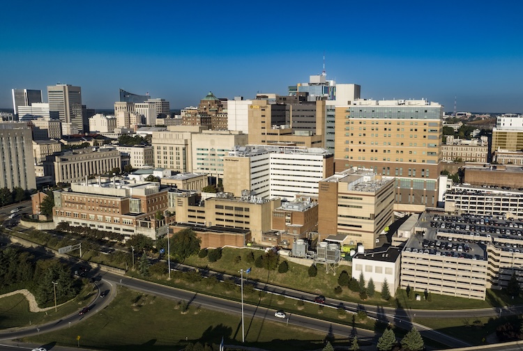 Aerial view of the Richmond city skyline with VCU Medical Center's campus