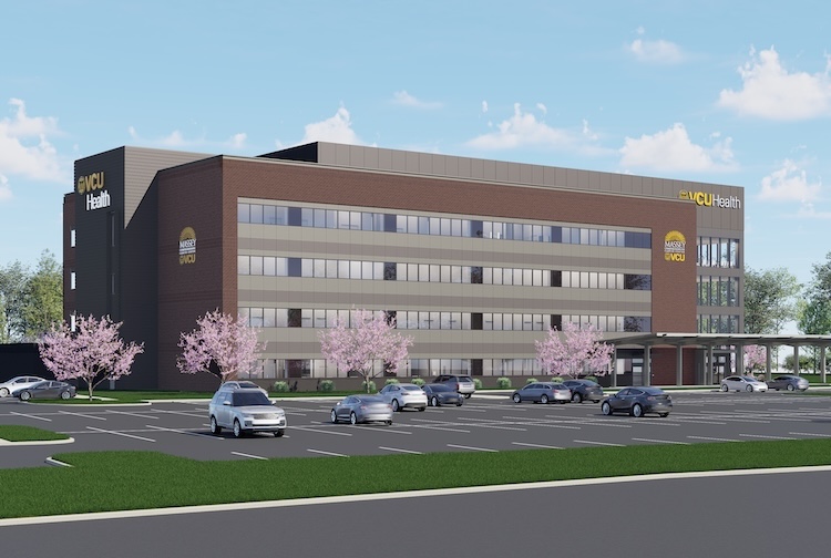 Rendering of a building in the middle of a parking lot