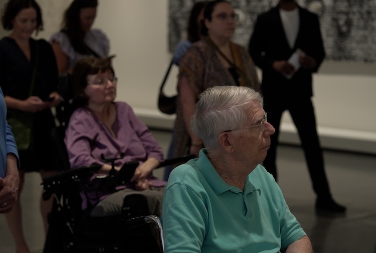 Man with teal polo shirt looking at art