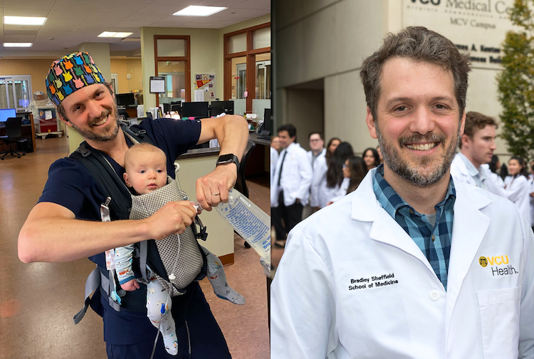 Two picture of Brad, one with and infant other in his white coat