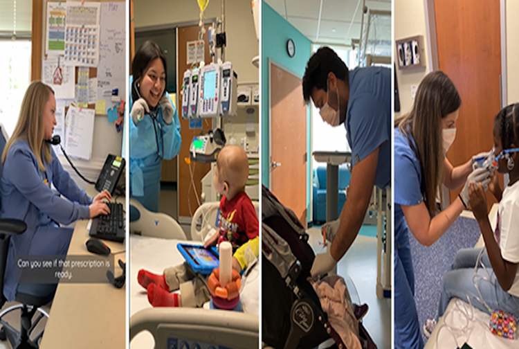 Four photos showing CHoR nurse performing different tasks.