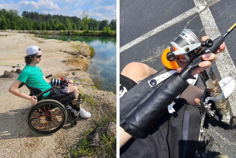 Pictures of Cameron Pickett fishing at a local lake using his adaptive custom forearm sleeve, second photos shows the wheelchair-mounted rod holder.