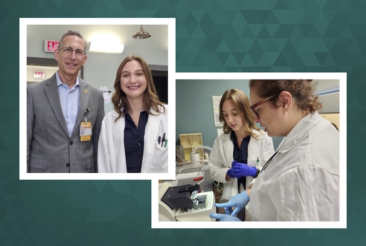 Two photos of Sydney in a lab coat with members of the liver institute