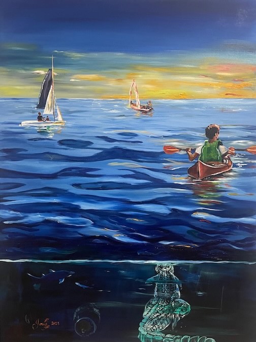 A painting of a boy paddling on a kayak toward sailboats on the sea, with a crocodile swimming below.