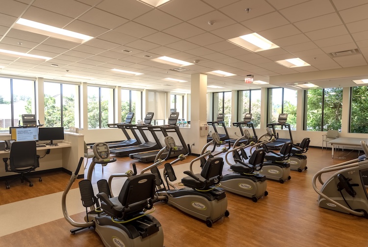 The cardiopulmonary rehabilitation gym has a variety of exercise equipment, including a six-minute walking track.