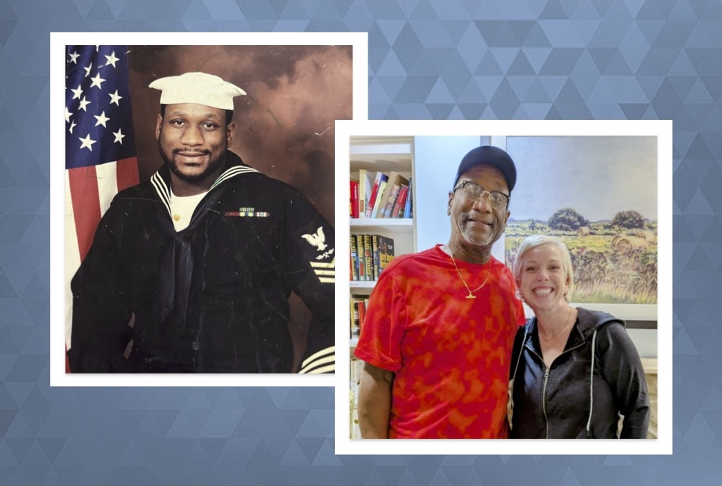 Pictures of Veteran James Ellis in U.S. Navy uniform and one with him and his liver donor.