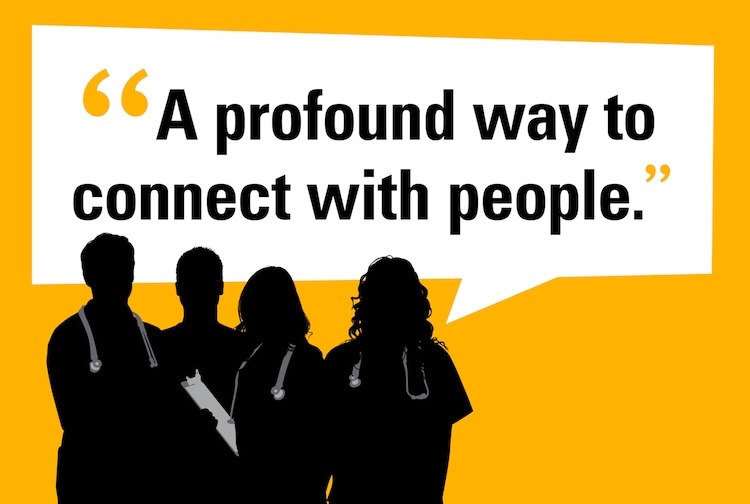 Shadows of doctors figures in front of a quote behind a yellow background.