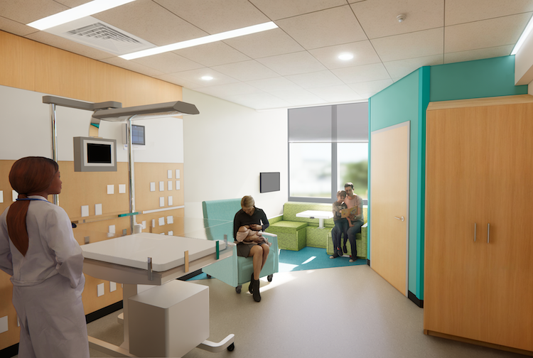 rendering of a hospital room with family and doctor