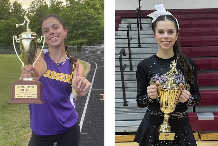 Two photos of Mackenzie smiling with trophies, one in her track uniform and another in a cheerleading uniform.
