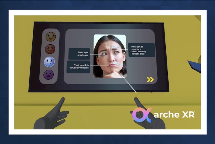 The view from inside the VR headset shows an interactive game with a woman’s face and asks questions about the emotions she is displaying.