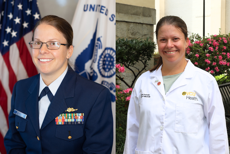 Two pictures side by side of Jamye in a military uniform and other in a white coat