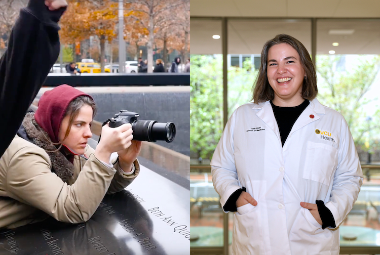 Two photos of Julie side by side, one her outside taking photos other is her in a white coat.