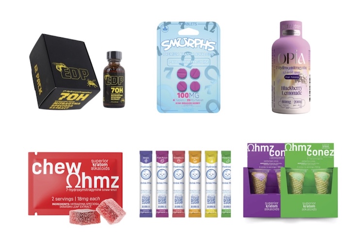 Different types of kratom and 7-OH products in colorful packaging