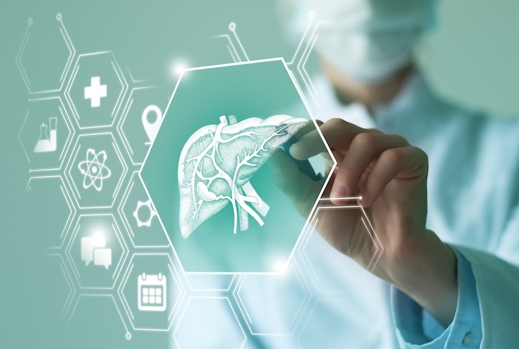 Doctor holding graphic virtual visualization model of liver organ in hands with multiple virtual medical icons