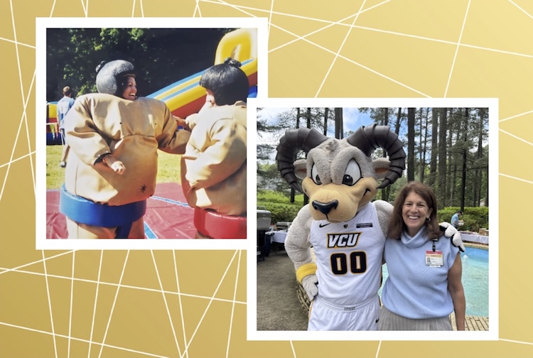Woman in blown up sumo costume at event, same woman with VCU's Rodney the Ram