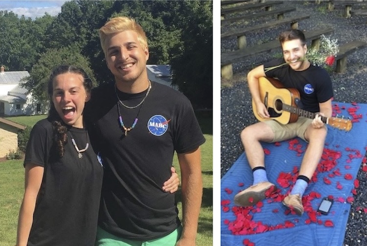 Brittany and Logan at burn camp as teenagers, and in a second photo Logan is surrounded by rose petals at camp when he proposed